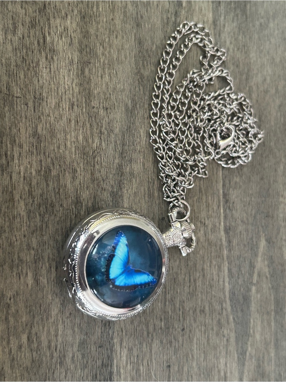 Blue Butterfly Silver Pendant/Watch Necklace